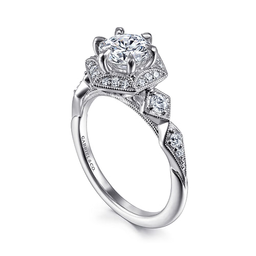 Ortensia - Art Deco 14K White Gold Hexagonal Halo Round Diamond Engagement Ring - 0.28 ct - Shot 3