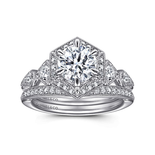 Ortensia - Art Deco 14K White Gold Hexagonal Halo Round Diamond Engagement Ring - 0.28 ct - Shot 4