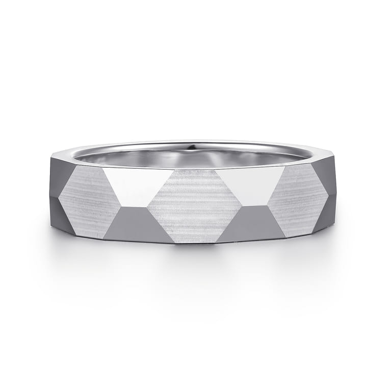 Oscar - 14K White Gold 6mm - Carved Men's Wedding Band in Satin Finish - Shot 1