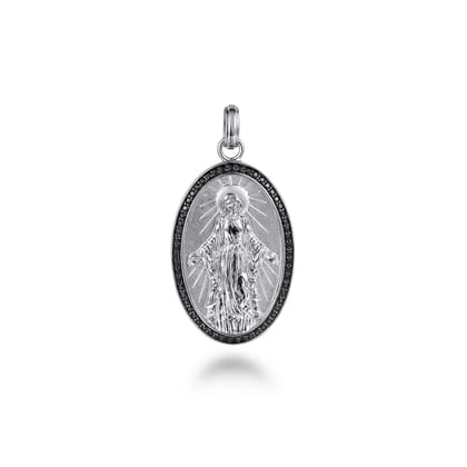 Oval 925 Sterling Silver Virgin Mary Pendant with Black Spinel Frame