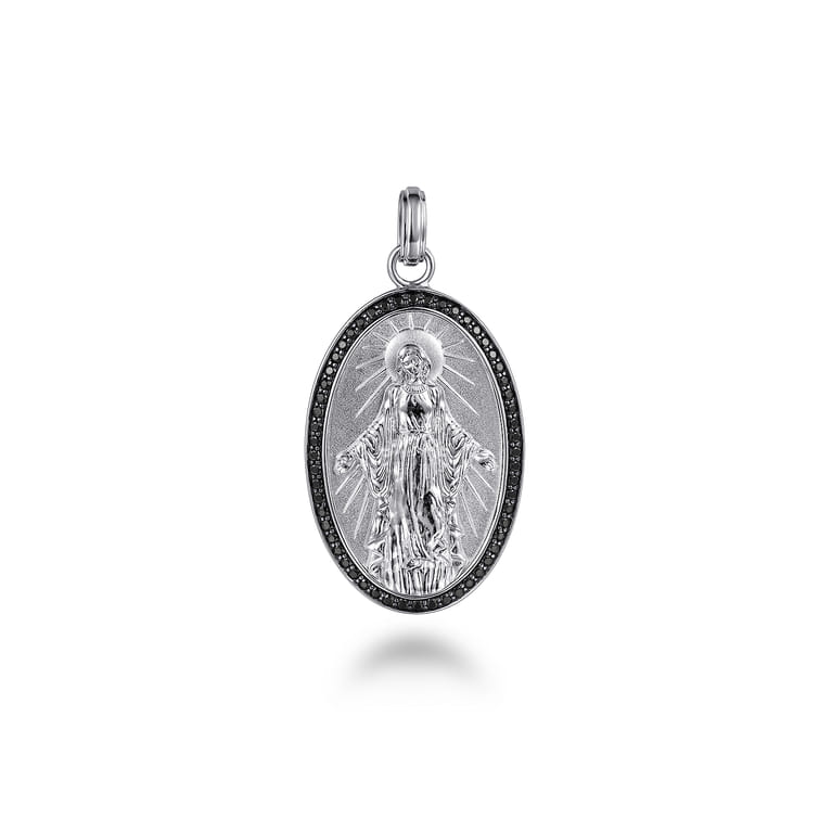 Oval 925 Sterling Silver Virgin Mary Pendant with Black Spinel Frame - Shot 1