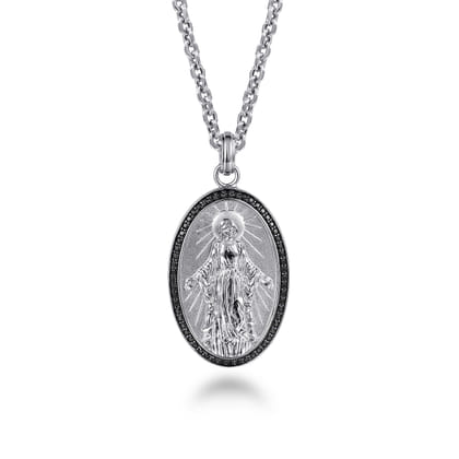 Oval 925 Sterling Silver Virgin Mary Pendant with Black Spinel Frame