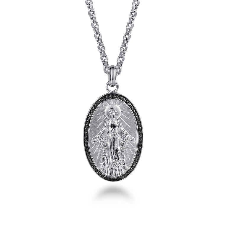 Oval 925 Sterling Silver Virgin Mary Pendant with Black Spinel Frame - Shot 3