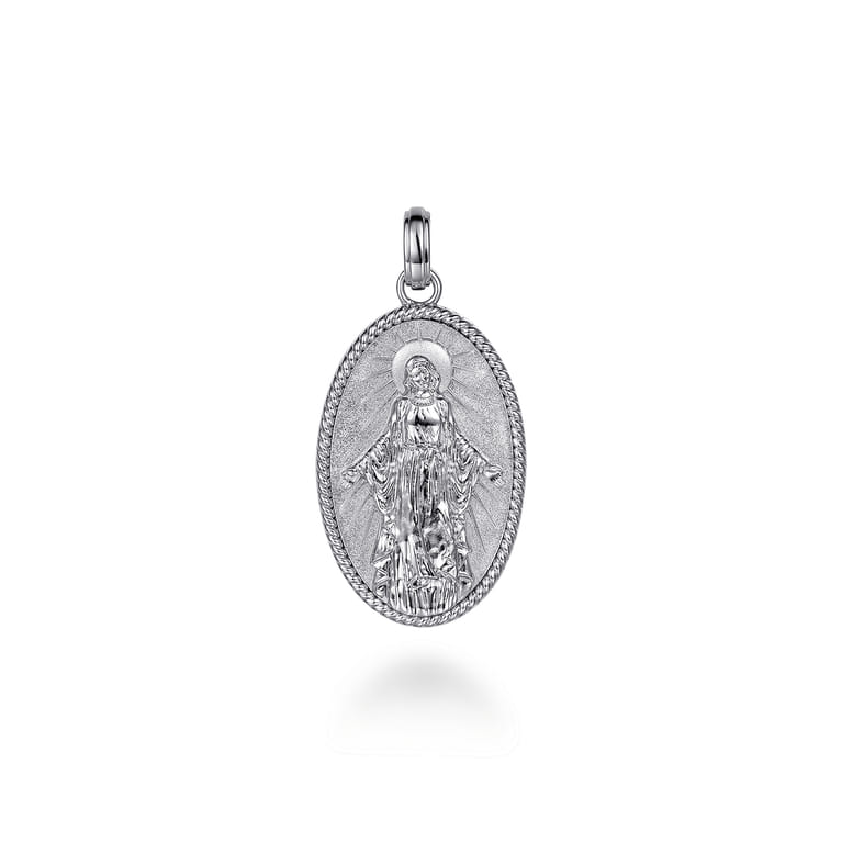 Oval 925 Sterling Silver Virgin Mary Pendant with Twisted Rope Frame - Shot 1