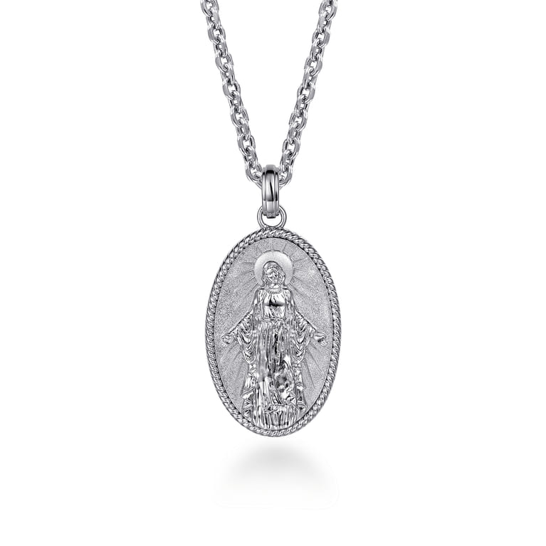 Oval 925 Sterling Silver Virgin Mary Pendant with Twisted Rope Frame - Shot 3