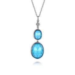 Pendant Drop Necklace 925 Sterling Silver Rock Crystal and Turquoise Bujukan