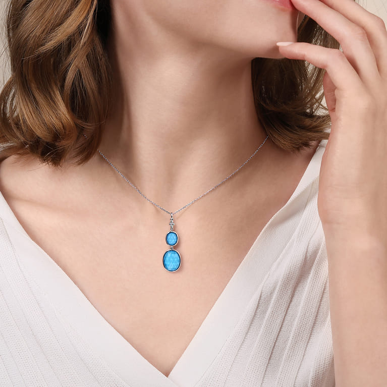 Pendant Drop Necklace 925 Sterling Silver Rock Crystal and Turquoise Bujukan - Shot 3