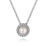 Pendant Necklace 14K White Gold Diamond and Pearl 0.05ct