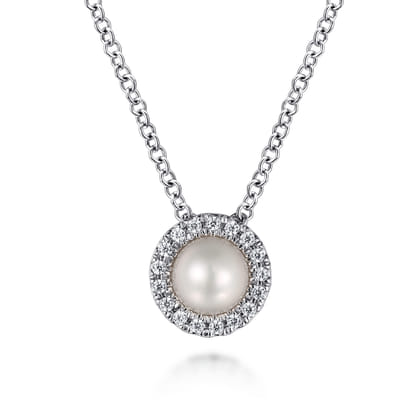 Pendant Necklace 14K White Gold Diamond and Pearl 0.05ct