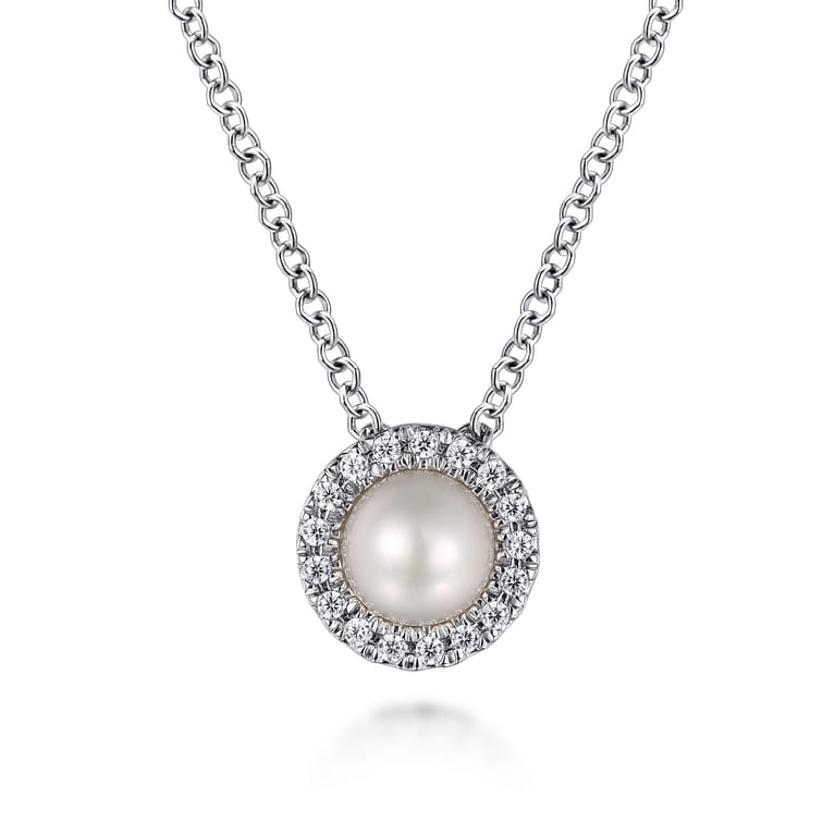 Pendant Necklace 14K White Gold Diamond and Pearl 0.05ct - 0.05 ct - Shot 1