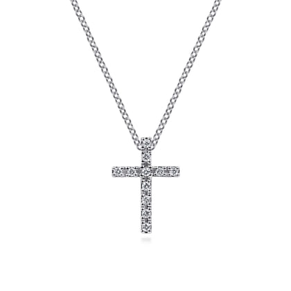 Pendant Necklace Cross 14K White Gold Diamond 0.1ct