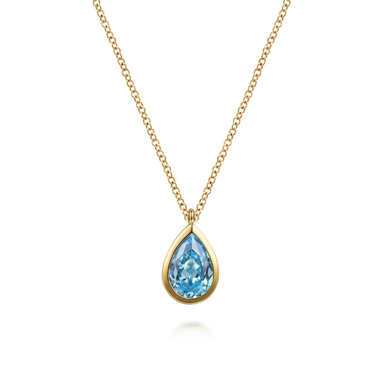 Pendant Necklace Teardrop 14K Yellow Gold Blue Topaz - Shot 1