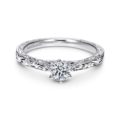 Persephone - Vintage Inspired 14K White Gold Round Solitaire Engagement Ring