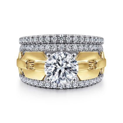 Phoenix - 14K White Yellow Gold Wide Band Round Diamond Engagement Ring