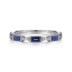 Porta - 14K White Gold Bar Set Baguette Sapphire and Pave Round Diamond Anniversary Band