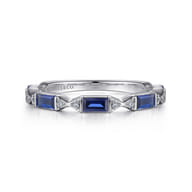 Porta - 14K White Gold Bar Set Baguette Sapphire and Pave Round Diamond Anniversary Band
