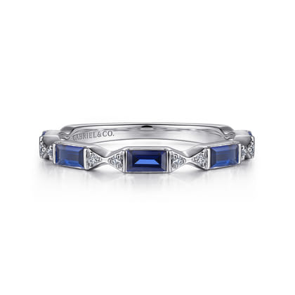 Porta - 14K White Gold Bar Set Baguette Sapphire and Pave Round Diamond Anniversary Band