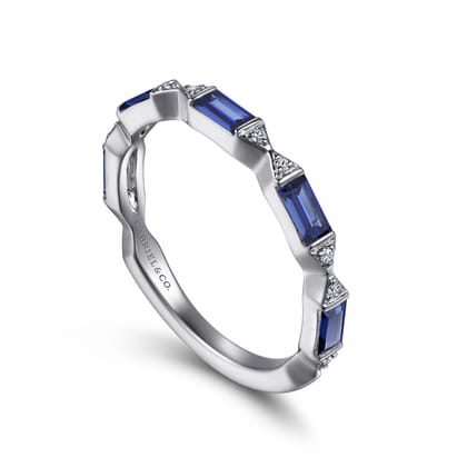 Porta - 14K White Gold Bar Set Baguette Sapphire and Pave Round Diamond Anniversary Band