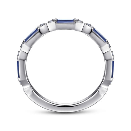 Porta - 14K White Gold Channel Set Baguette Sapphire and Pave Round Diamond Anniversary Band