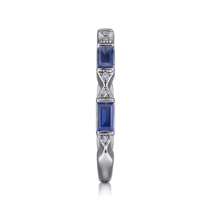 Porta - 14K White Gold Channel Set Baguette Sapphire and Pave Round Diamond Anniversary Band