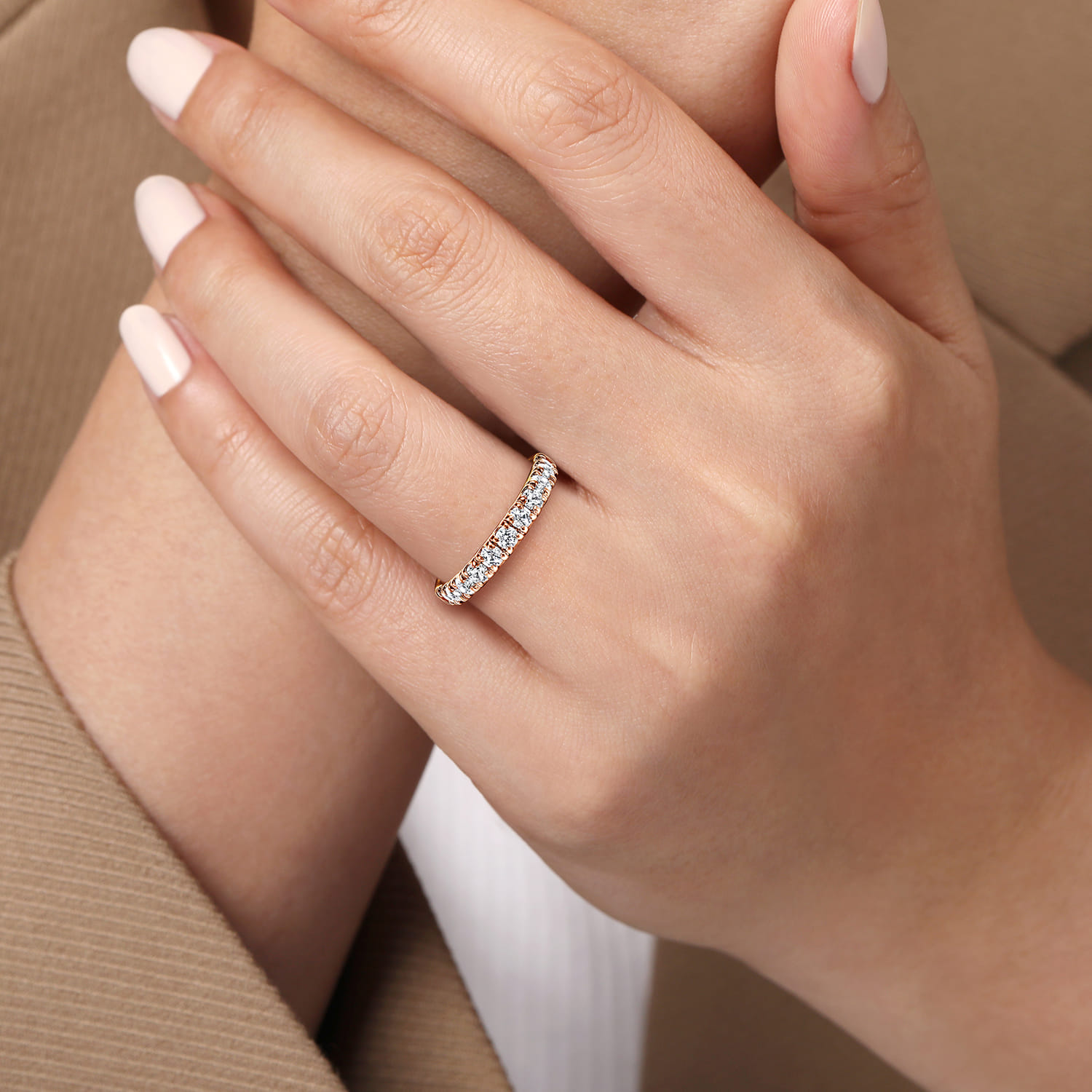 Straight Wedding Ring in 14k Rose Gold with Round Natural Diamond at Gabriel & Co. - Shot 5