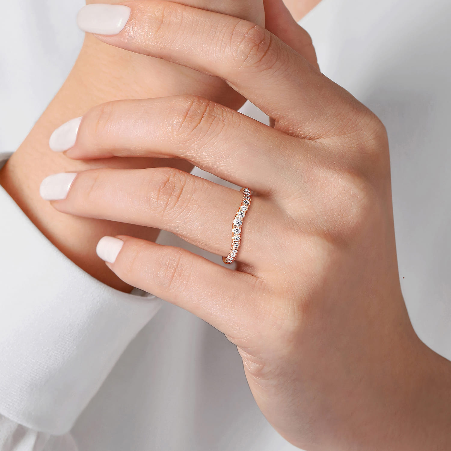Curved Wedding Ring in 14k Rose Gold with Round Natural Diamond at Gabriel & Co. - Shot 5