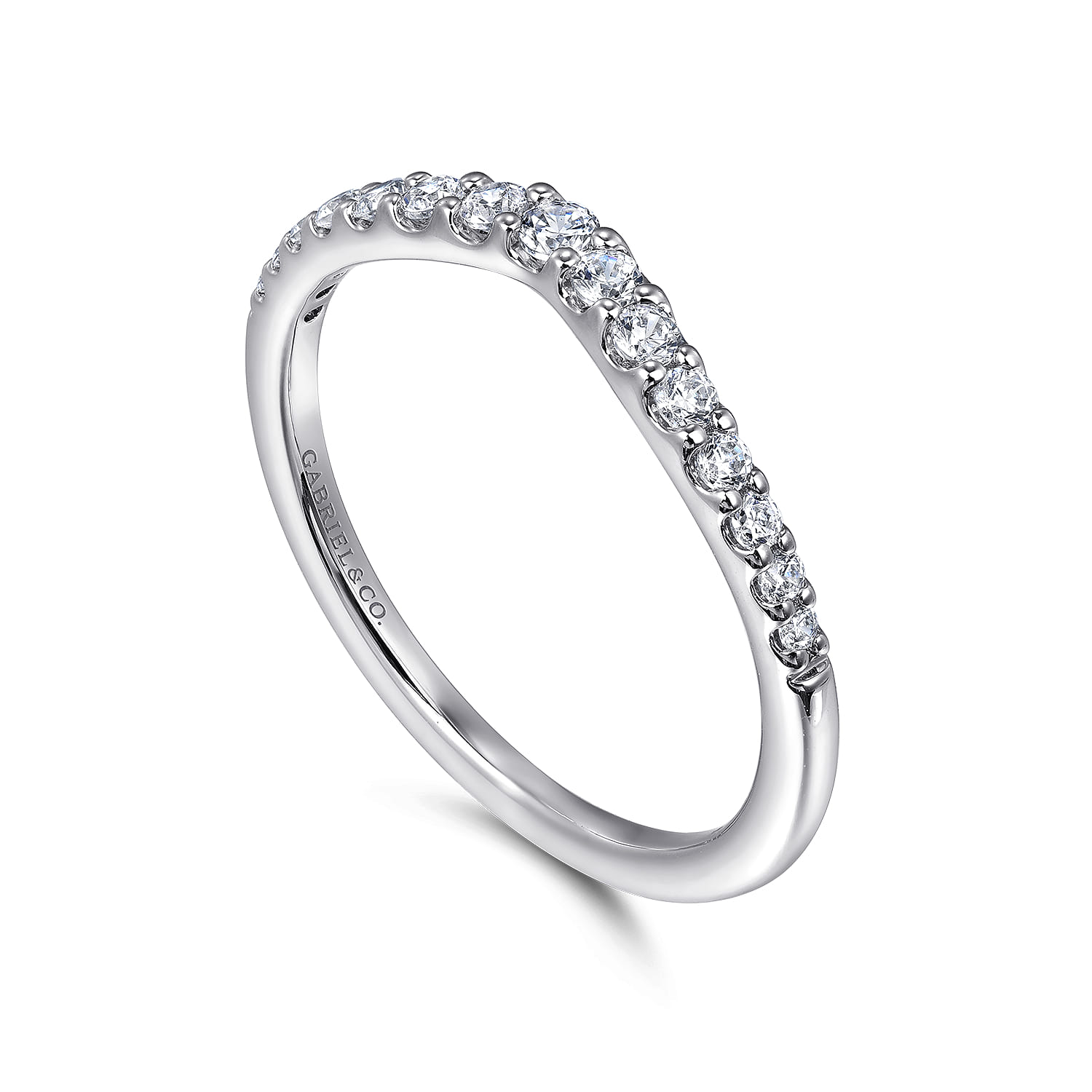 Curved Wedding Ring in 14k White Gold with Round  at Gabriel & Co. - Shot 3