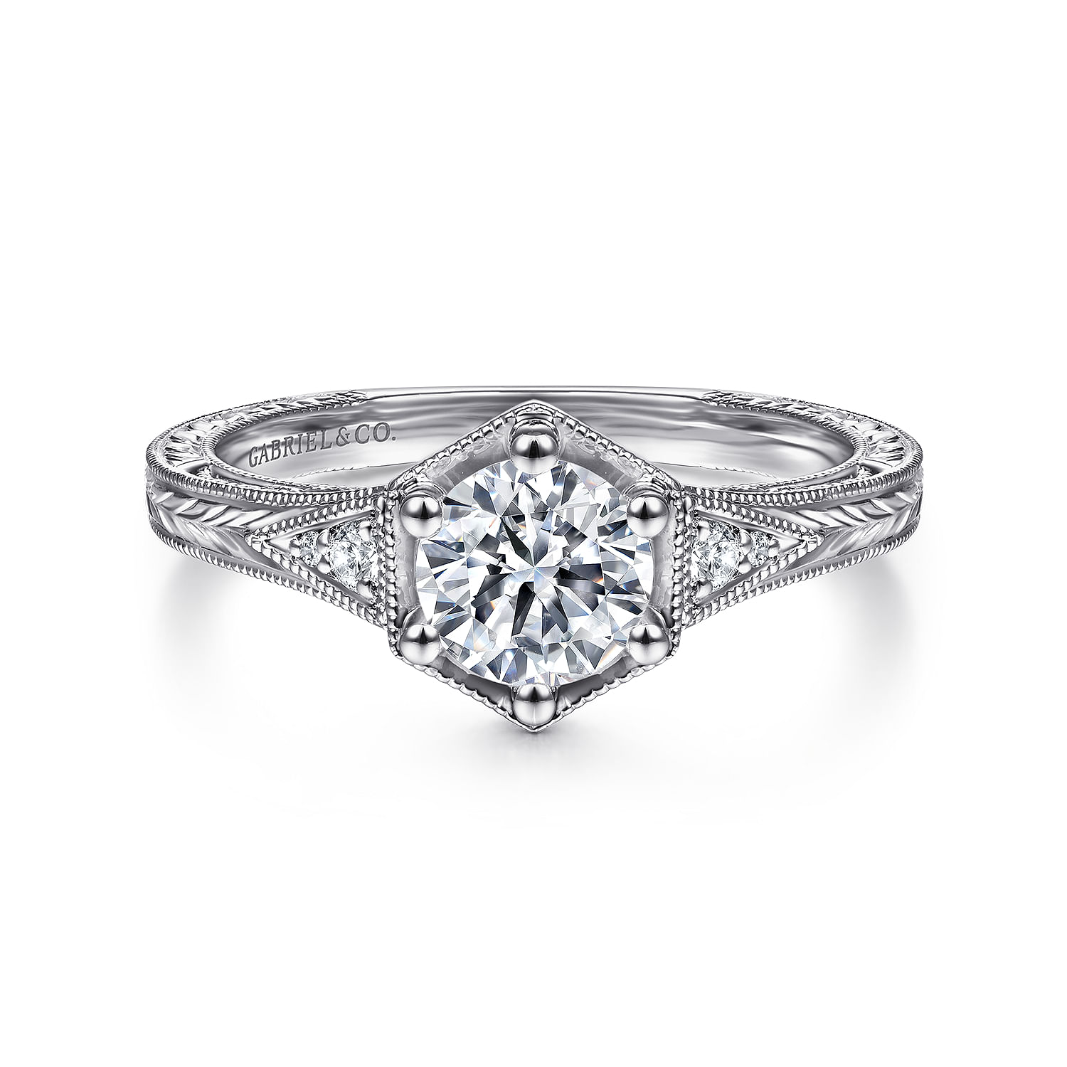 Priya - Vintage Inspired 14K White Gold 6 Prong Round Diamond Engagement Ring