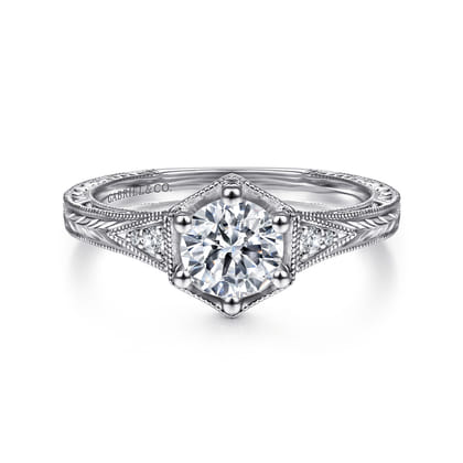 Priya - Vintage Inspired 14K White Gold 6 Prong Round Diamond Engagement Ring
