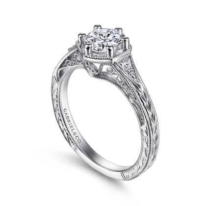 Priya - Vintage Inspired 14K White Gold 6 Prong Round Diamond Engagement Ring