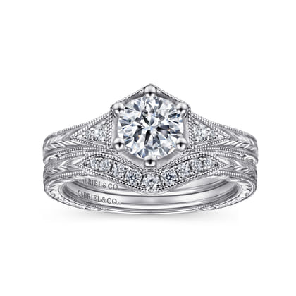 Priya - Vintage Inspired 14K White Gold 6 Prong Round Diamond Engagement Ring