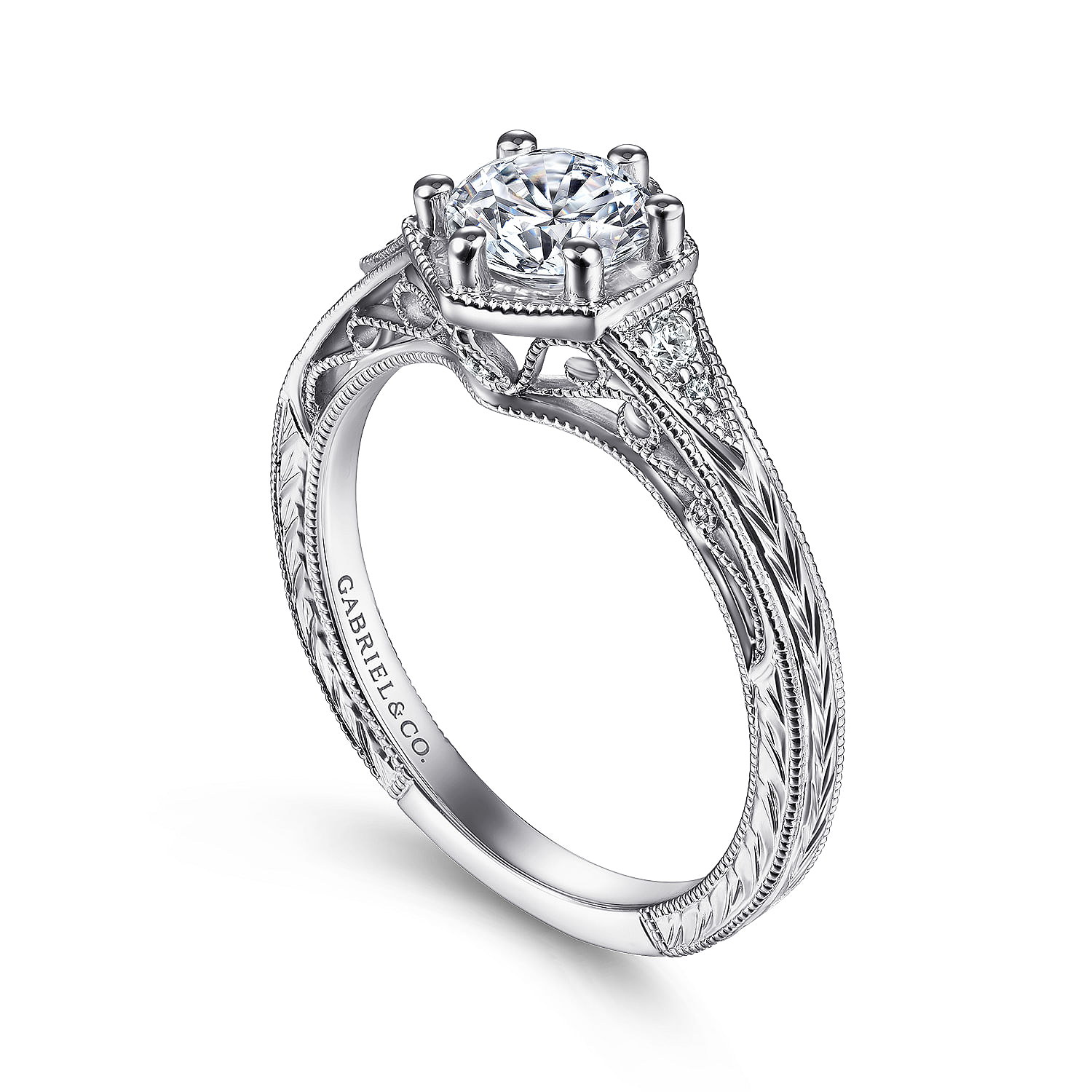 Priya - Vintage Inspired 14K White Gold Round Diamond Engagement Ring