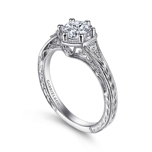 Priya - Vintage Inspired 14K White Gold Round Diamond Engagement Ring - 0.06 ct - Shot 3