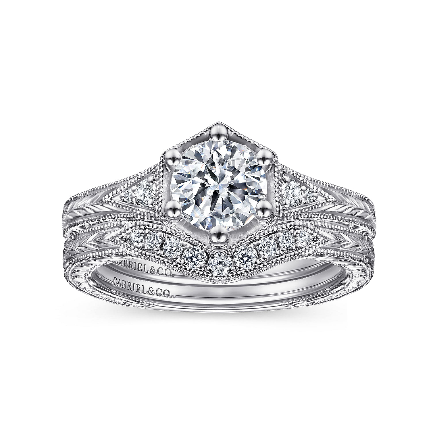 Priya - Vintage Inspired 14K White Gold Round Diamond Engagement Ring