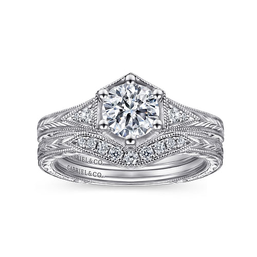 Priya - Vintage Inspired 14K White Gold Round Diamond Engagement Ring - 0.06 ct - Shot 4
