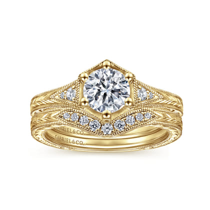 Priya - Vintage Inspired 14K Yellow Gold 6 Prong Round Diamond Engagement Ring