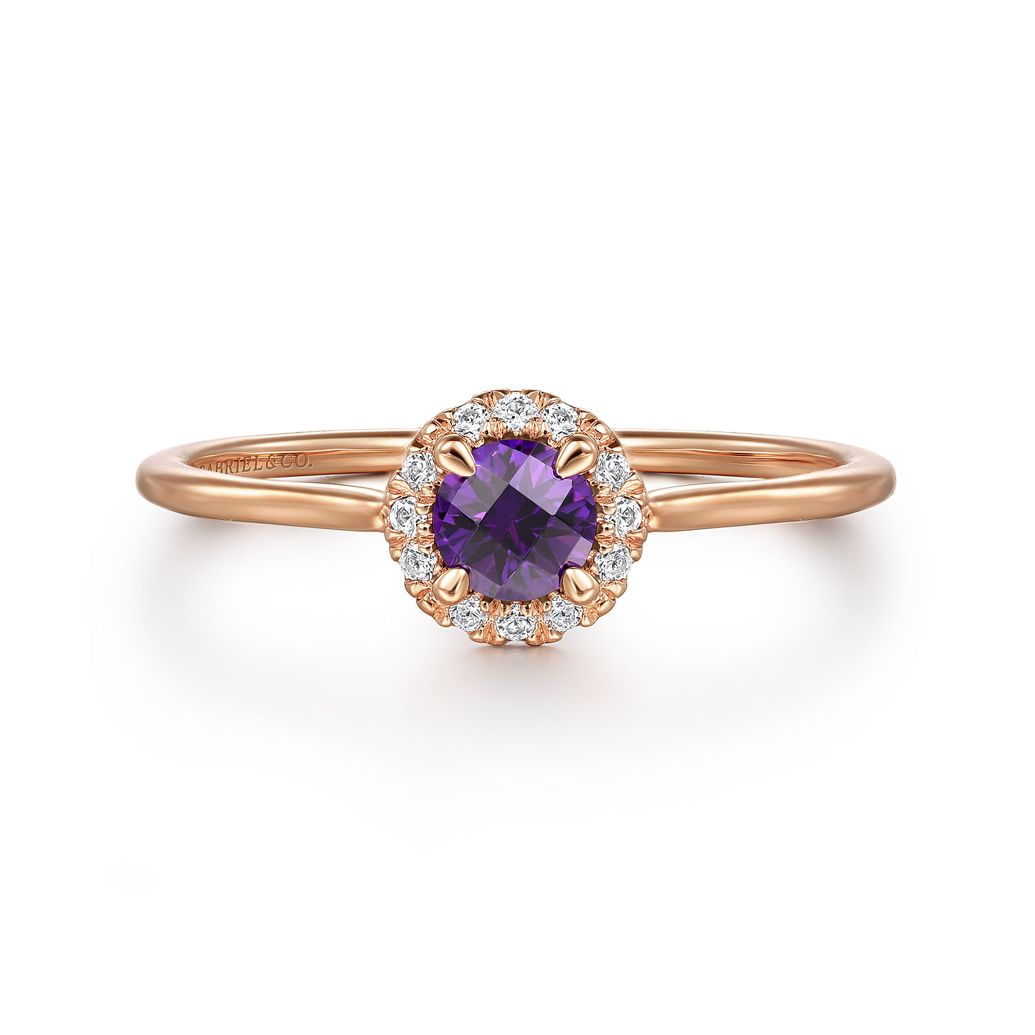 Promise Ring - 14K Rose Gold Amethyst and Diamond Halo Promise Ring - 0.06 ct - Shot 1