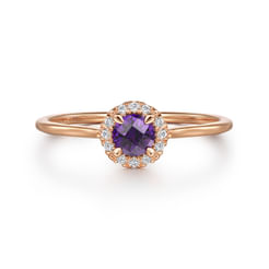 Promise Ring - 14K Rose Gold Amethyst and Diamond Halo Promise Ring