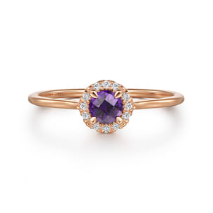 Promise Ring - 14K Rose Gold Amethyst and Diamond Halo Promise Ring