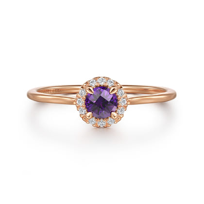 Promise Ring - 14K Rose Gold Amethyst and Diamond Halo Promise Ring
