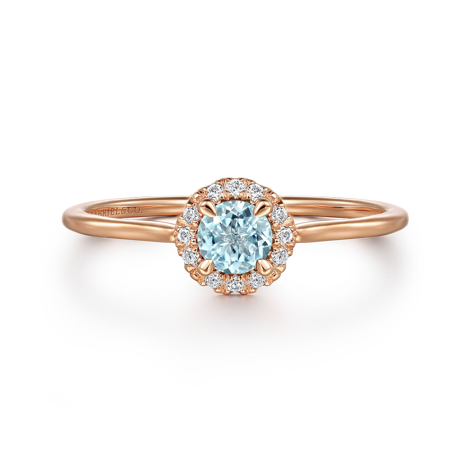 Promise Ring - 14K Rose Gold Aquamarine and Diamond Halo Promise Ring - 0.06 ct - Shot 1
