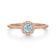 Promise Ring - 14K Rose Gold Aquamarine and Diamond Halo Promise Ring