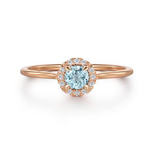 Promise Ring - 14K Rose Gold Aquamarine and Diamond Halo Promise Ring