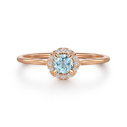 Promise Ring - 14K Rose Gold Aquamarine and Diamond Halo Promise Ring