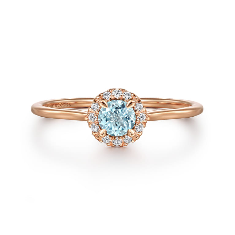 Promise Ring - 14K Rose Gold Aquamarine and Diamond Halo Promise Ring - 0.06 ct - Shot 1