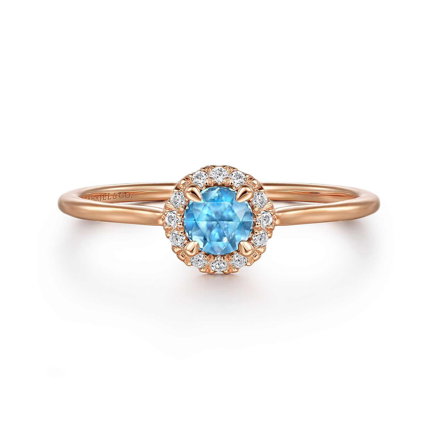 Promise Ring - 14K Rose Gold Blue Topaz and Diamond Halo Promise Ring