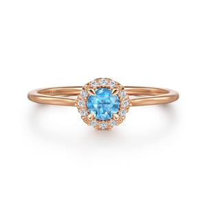 Promise Ring - 14K Rose Gold Blue Topaz and Diamond Halo Promise Ring
