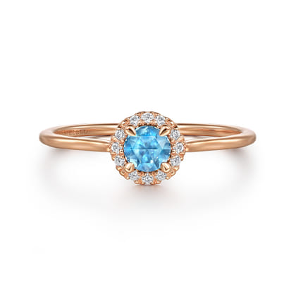 Promise Ring - 14K Rose Gold Blue Topaz and Diamond Halo Promise Ring