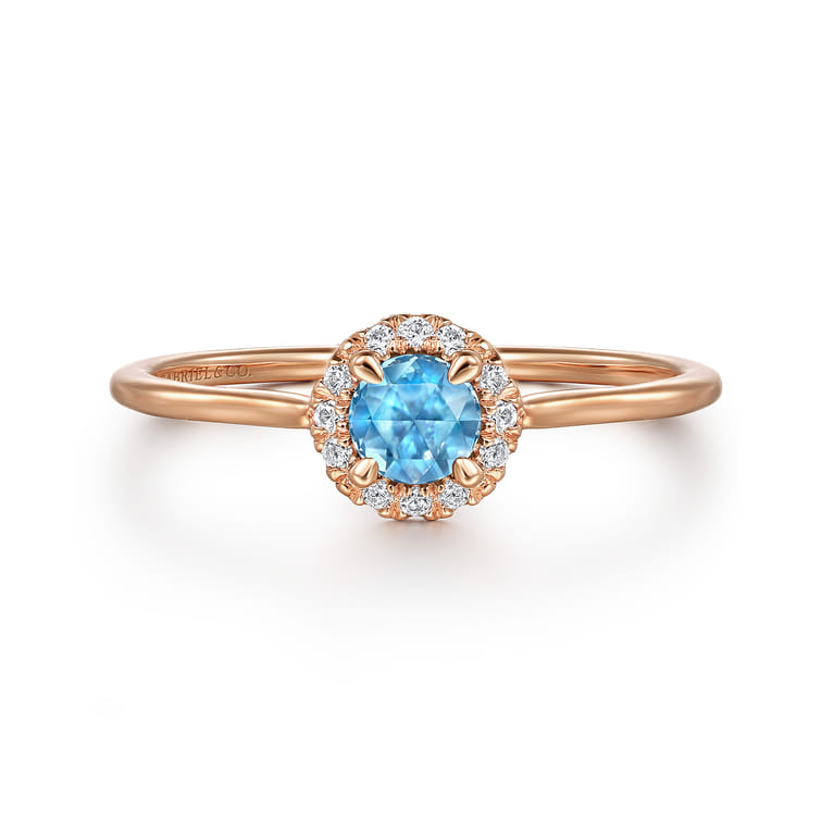 Promise Ring - 14K Rose Gold Blue Topaz and Diamond Halo Promise Ring - 0.06 ct - Shot 1