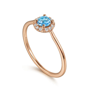 Promise Ring - 14K Rose Gold Blue Topaz and Diamond Halo Promise Ring